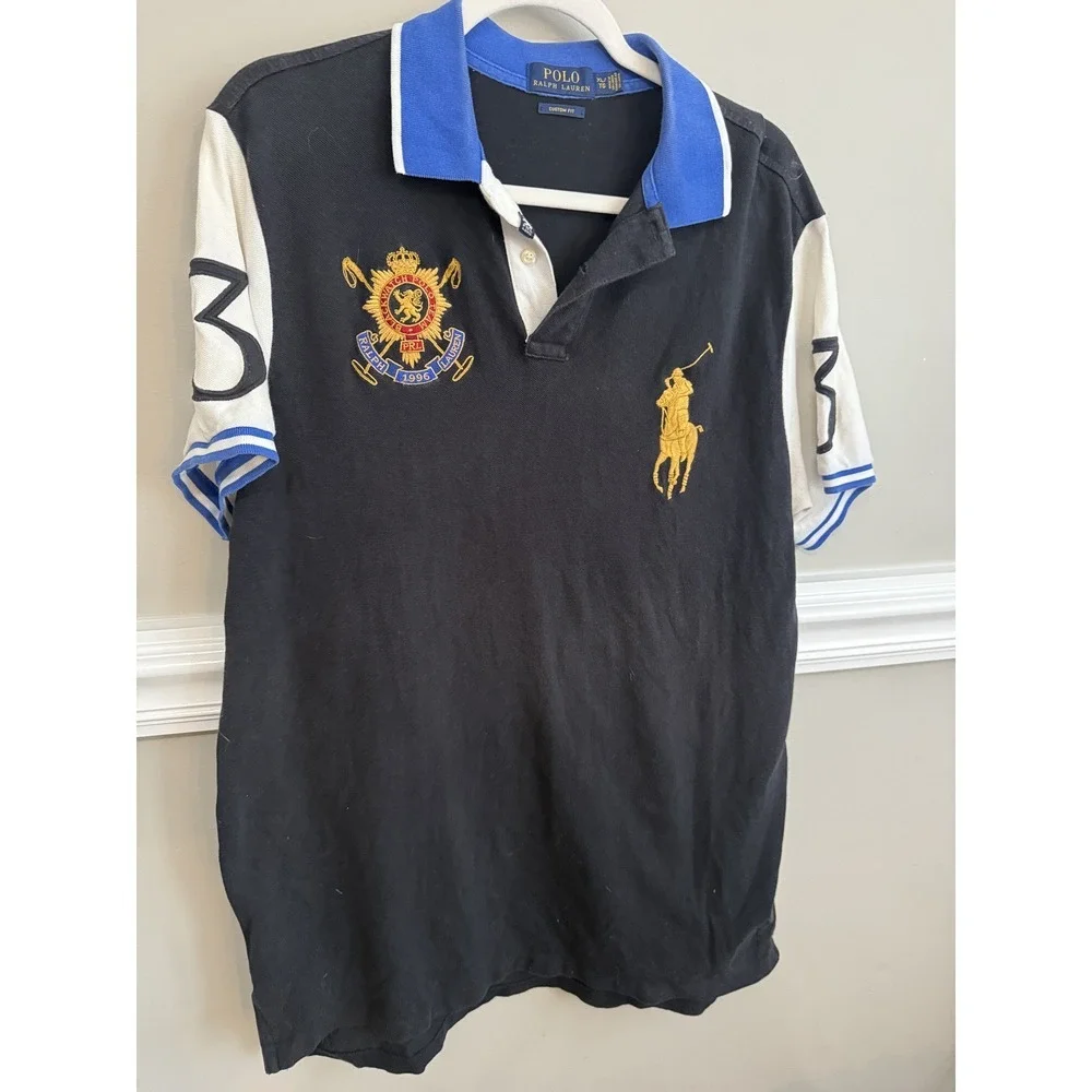 Polo Ralph Lauren Black Watch Polo Team Crest Shirt Custom Fit XL Black Blue